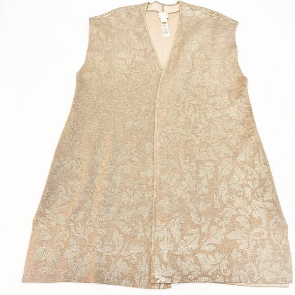 Chico's Embossed Patterned Open Long Sleeveless Cardigan Tan Gold Size 3 - Picture 1 of 6